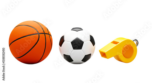 Sports essentials: An orange basketball, a classic black and white soccer ball, and a yellow referee's whistle. Game on