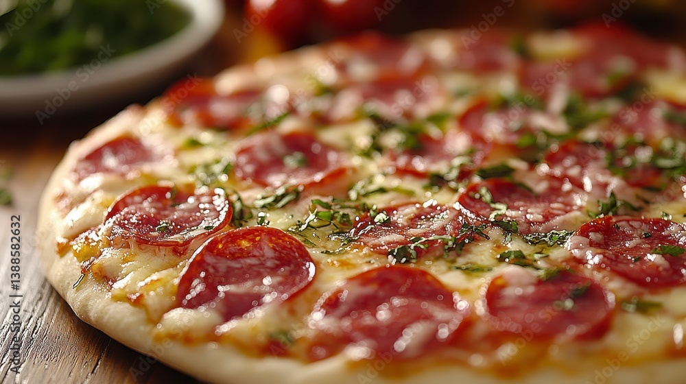 Pizza with pepperoni, cheese, & herb topping on wood. Fresh ingredients visible Pizza with pepperoni, cheese, & herb topping on wood. Fresh ingredients visible