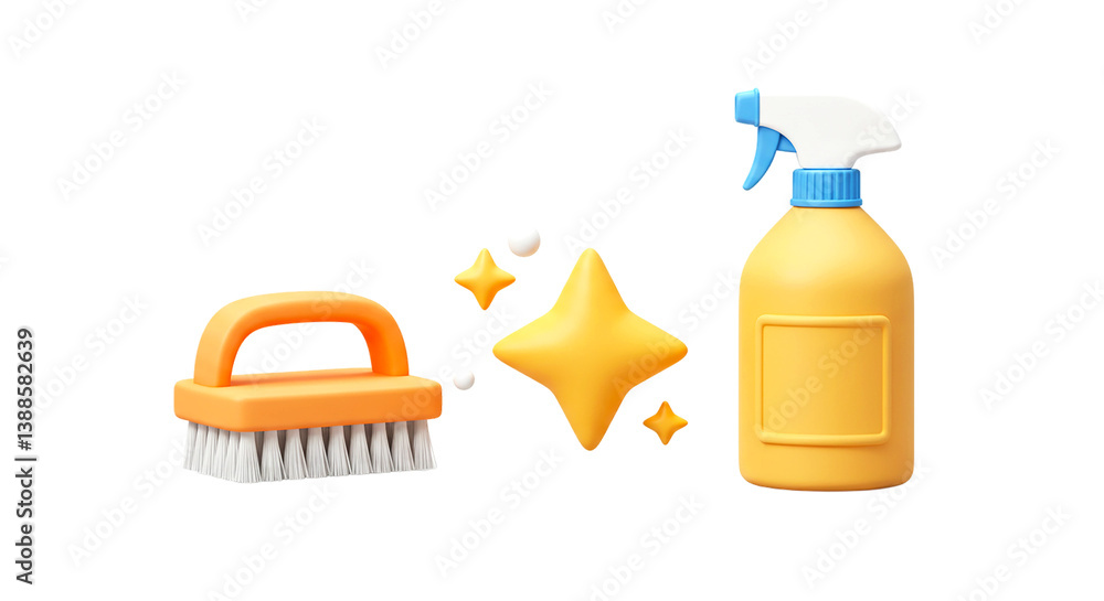 A cartoon image of a cleaning brush, spray bottle and stars on a black background in a studio shot png A cartoon image of a cleaning brush, spray bottle and stars on a black background in a studio shot png