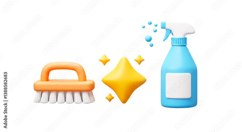 A cleaning set with a brush, spray bottle, and shiny stars on a black plain background view from front png A cleaning set with a brush, spray bottle, and shiny stars on a black plain background view from front png