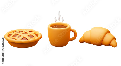 Delicious breakfast or snack combo: A golden-brown pie, a steaming cup of coffee, and a flaky croissant. Perfect for a cozy morning