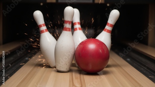 Bowling Strike: Close-up of Red Ball Hitting Pins, Sparks Fly, Indoor Recreation