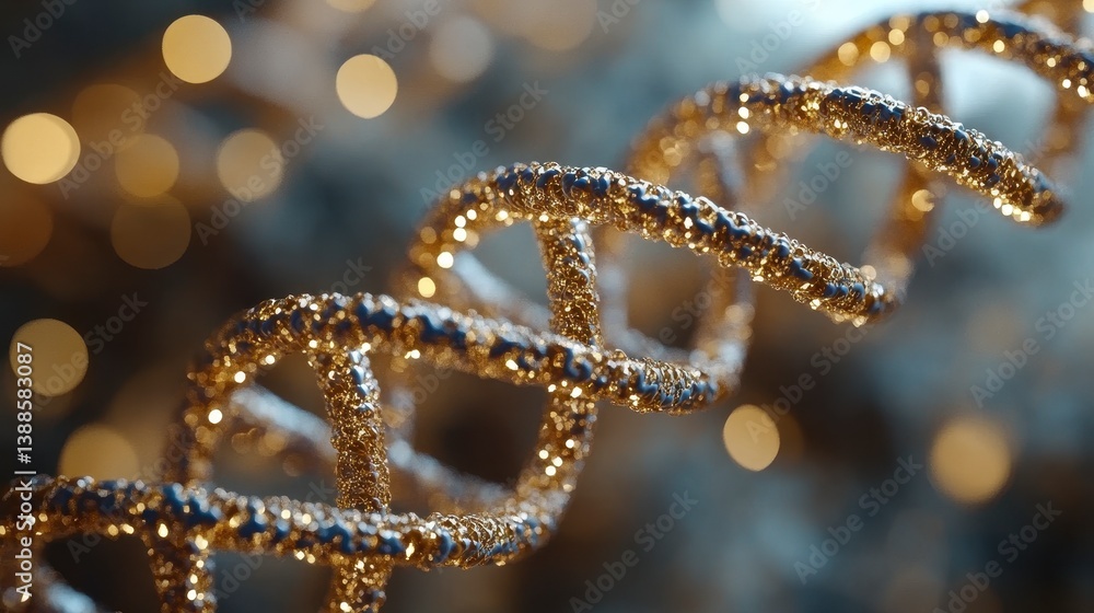 Golden DNA helix structure, bright bokeh light in the background Golden DNA helix structure, bright bokeh light in the background