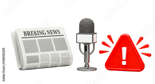 Breaking News Newspaper with Microphone and Warning Sign Illustration
