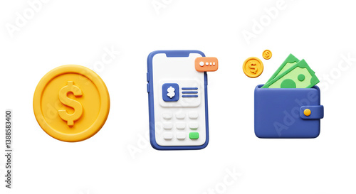 Finance and mobile banking 3D icon set with dollar coin online payment app and wallet with cash Illustration for e-commerce digital money transactions savings and investment concepts