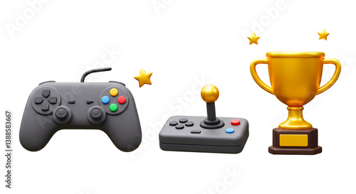 A 3D icon set for gaming and eSports. Featuring a modern gamepad, a retro arcade joystick, and a winner's trophy for gaming tournaments and achievements in Pakistan.