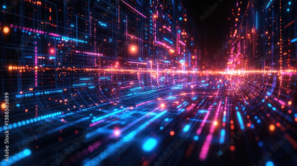 An abstract representation of digital data flowing through interconnected networks An abstract representation of digital data flowing through interconnected networks