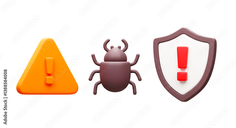 Obraz premium Three dimensional rendering of a warning sign a bug and a shield against a black colored background png