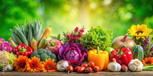 Fototapeta Naklejka Na Ścianę i Meble -  Colorful flowers and vegetables arranged in a vibrant garden with diverse shapes and hues