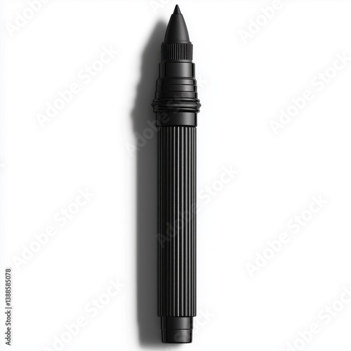 A black pen with a black tip. The pen is long and slender. It is sitting on a white background