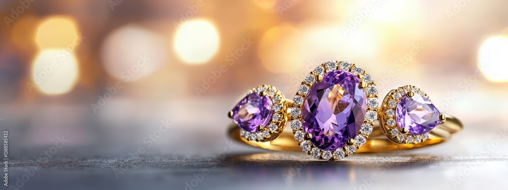 Fototapeta premium Elegant Gold Ring with Amethyst and Diamond Accents on Display