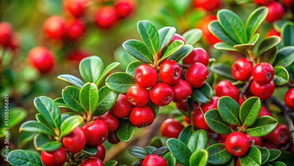 Obraz premium bearberry cotoneaster bright red berries on green leaves in forest , greenery, forest, greenery, forest, fall