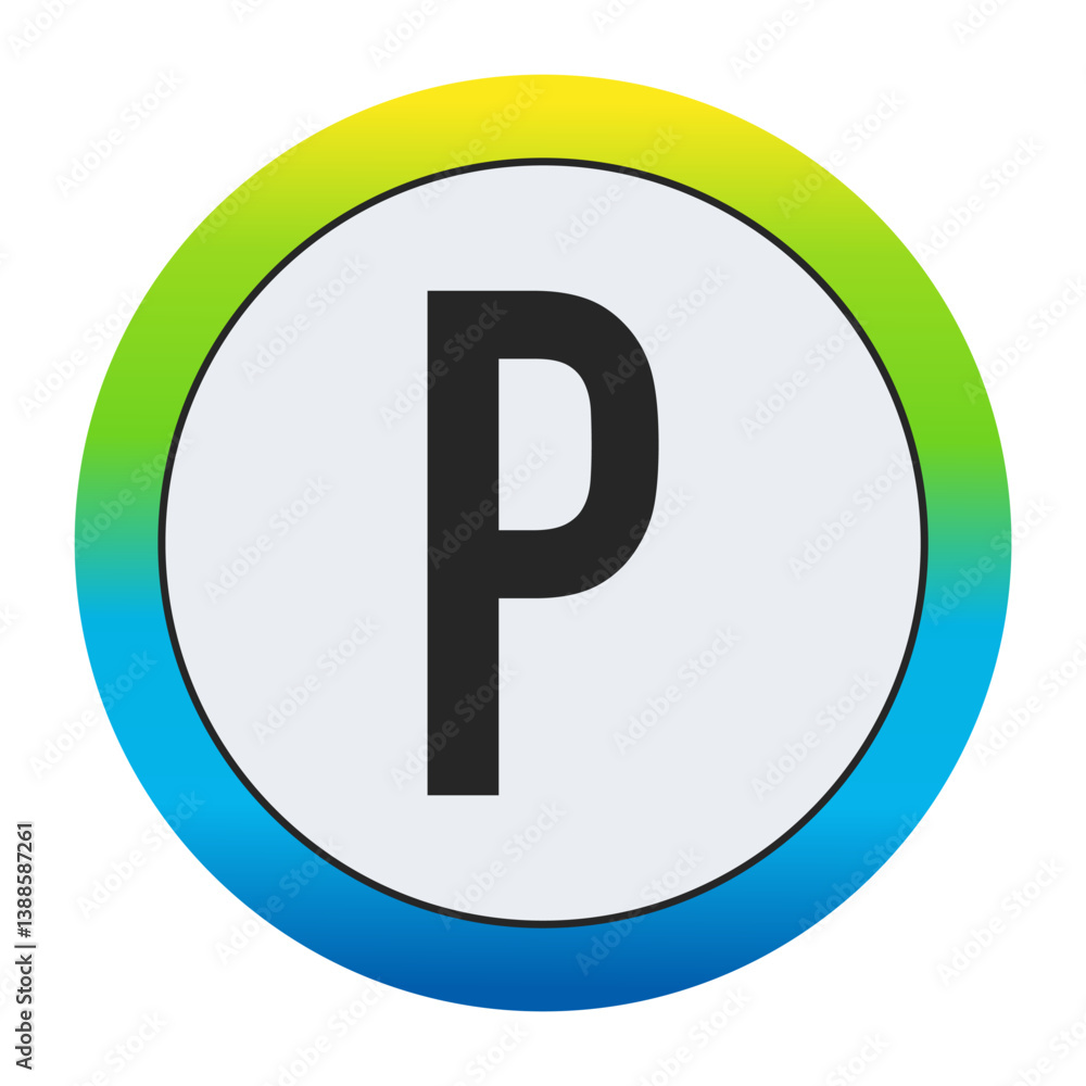 Bold Matte Black Capital Letter P on a Pristine White Circle Encased by a Dynamic Gradient Border of Golden Yellow, Vivid Emerald Green, and Deep Sapphire Blue Bold Matte Black Capital Letter P on a Pristine White Circle Encased by a Dynamic Gradient Border of Golden Yellow, Vivid Emerald Green, and Deep Sapphire Blue