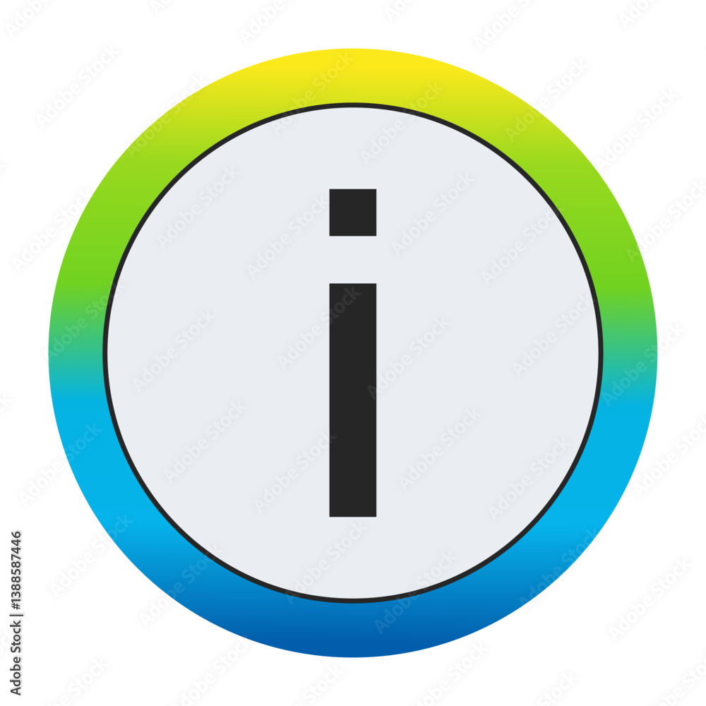 Bold Matte Black Lowercase Letter i on a Pristine White Circle Encased by a Dynamic Gradient Border of Golden Yellow, Vivid Emerald Green, and Deep Sapphire Blue Bold Matte Black Lowercase Letter i on a Pristine White Circle Encased by a Dynamic Gradient Border of Golden Yellow, Vivid Emerald Green, and Deep Sapphire Blue