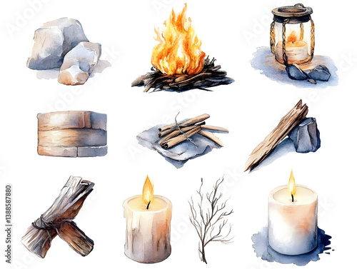 Watercolor Illustration Fire Campfire Burning Candle Light Wood Stones