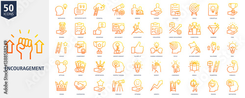 Encouragement Icon Set Outline Gradient Style with motivation, motivation quote, potential, vision, mentor, support, checklist, goals, conceptual and success
