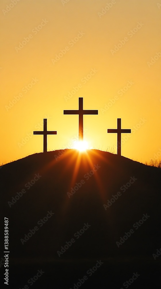 Naklejka premium Sunrise crosses on hilltop