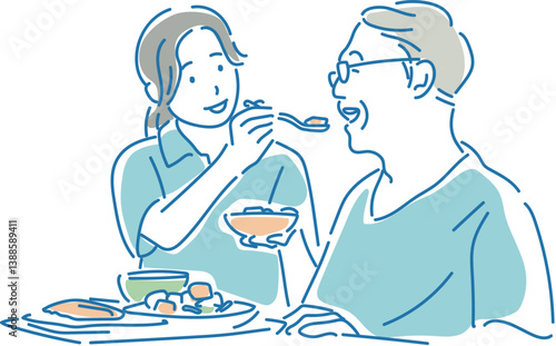 介護をしている食事の介助シーンのイラスト