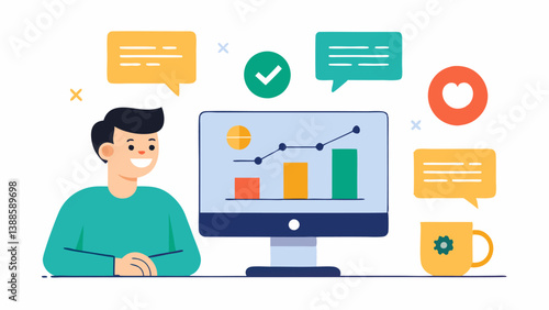 Customer Feedback Analysis A professional reviewing customer feedback reports on a computer with sentiment analytics graphics around them.