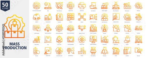 Mass Production Icon Set Outline Gradient Style with Continuous Improvement, RPA, Time Allocation, Supply Chain, Replication, Raw Material, Product Weight, Mass Production, Manufacture and Efficiency
