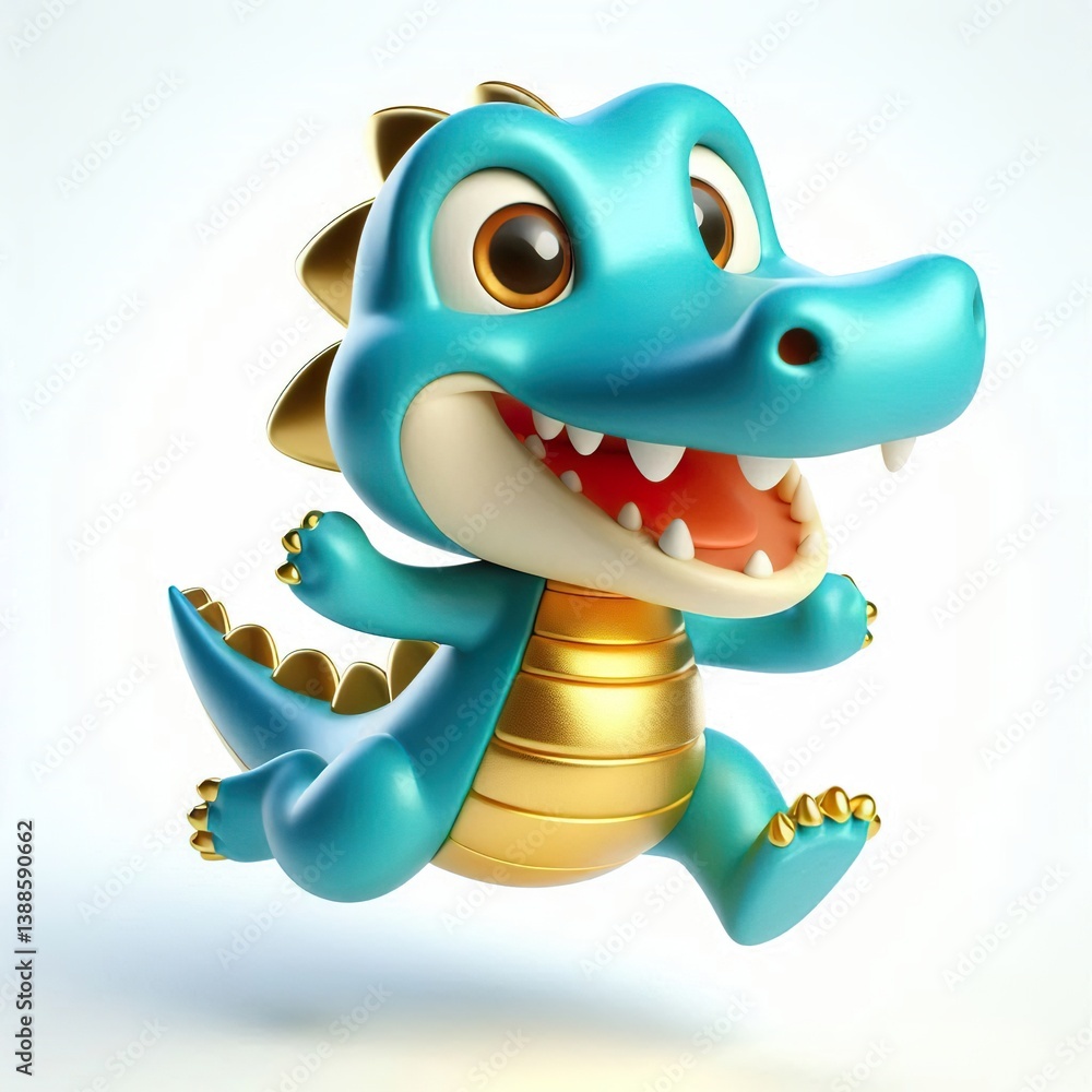 Animated character 3D image of happy lucky blue gold Alligator jumping, cute design, white background Animated character 3D image of happy lucky blue gold Alligator jumping, cute design, white background