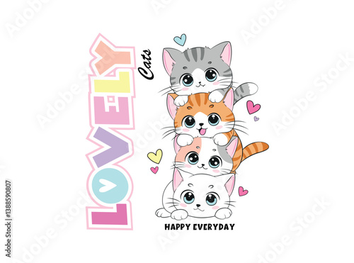 Vector illustration, cute and happy kittens. Design for printing on shirt, poster, banner. White text on pink background. Lovely print for t-shirt