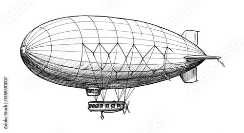 Illustration of Vintage Airship Flying Above with Propeller and Cabin