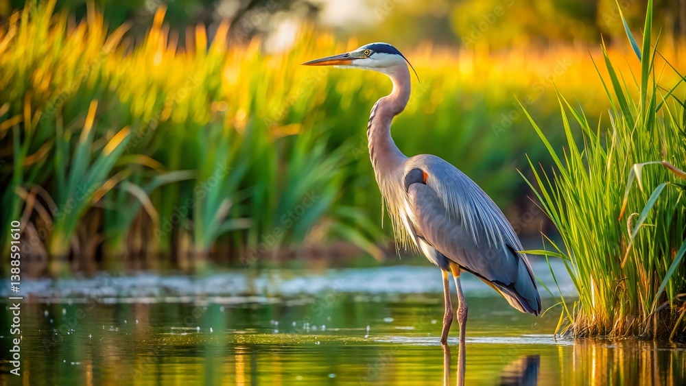 Naklejka premium A Great Blue Heron Standing Gracefully in Its Natural Wetland Habitat