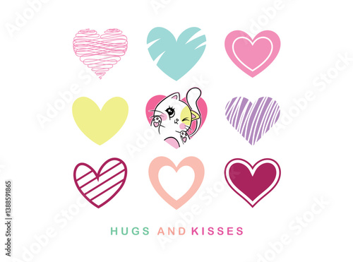 Vector illustration, cute kitten surrounded by hearts, kisses and hugs . Design for printing on shirt, poster, banner. White text on pink background. Lovely print for t-shirt