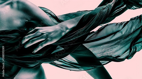 A person gently embracing flowing fabric against a light backdrop