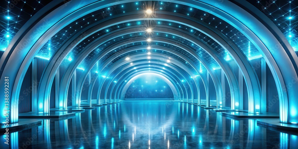 Futuristic Architectural Design Serene Blue Illuminated Arched Corridor with Reflective Floor and Celestial Ceiling Details
