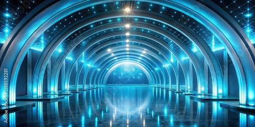Obraz na płótnie Futuristic Architectural Design Serene Blue Illuminated Arched Corridor with Reflective Floor and Celestial Ceiling Details w salonie