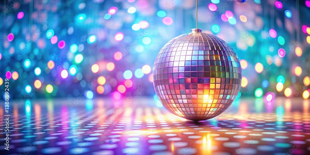 Disco ball hanging over a vibrant dance floor with colorful lights reflecting on a patterned surface
