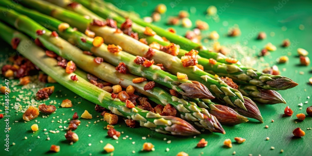 Delicious Roasted Asparagus with Toasted Nuts and Seeds on Green Background