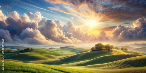 Obraz na płótnie Serene Sunset Over Rolling Green Hills and Dramatic Cloudscape, Illuminating a Peaceful Pastoral Scene w salonie