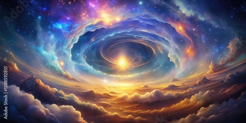 Celestial Vortex A Dreamlike Panorama of Swirling Nebulae and Golden Cloudscapes above a Radiant, Star-Studded Horizon