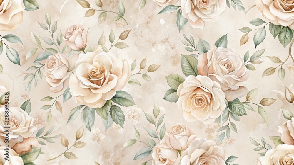 Elegant Watercolor Roses and Greenery Seamless Pattern on a Textured Background, Ideal for Fabric Prints, Wallpaper, and Decorative Designs