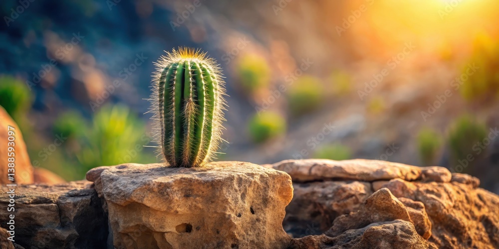 A resilient cactus plant thrives atop a sun-drenched rock, showcasing the beauty of desert life