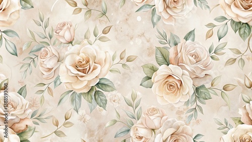 Obraz na płótnie Elegant Watercolor Roses and Greenery Seamless Pattern on a Textured Background, Ideal for Fabric Prints, Wallpaper, and Decorative Designs w salonie
