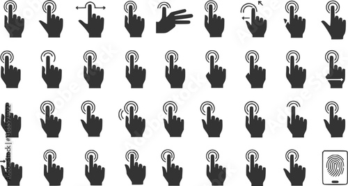 Set of hand gestures icons for using in the touch sensitive screen. Vector collection includes: fingerprint, taps, double taps, swipes, drags and more.
