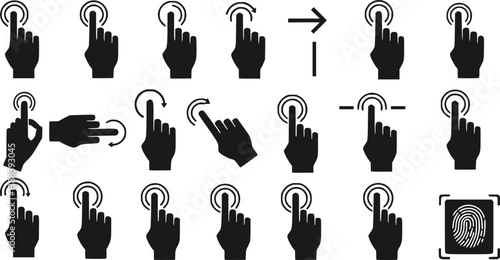Set of hand gestures icons for using in the touch sensitive screen. Vector collection includes: fingerprint, taps, double taps, swipes, drags and more.