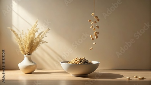 Obraz na płótnie A serene scene of cereal falling into a bowl, alongside a vase of dried flowers bathed in soft sunlight, creating a minimalist and peaceful breakfast moment. w salonie