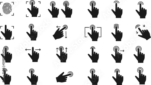 Set of hand gestures icons for using in the touch sensitive screen. Vector collection includes: fingerprint, taps, double taps, swipes, drags and more.