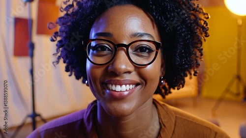 Smiling woman with curly hair in a cozy living room setting