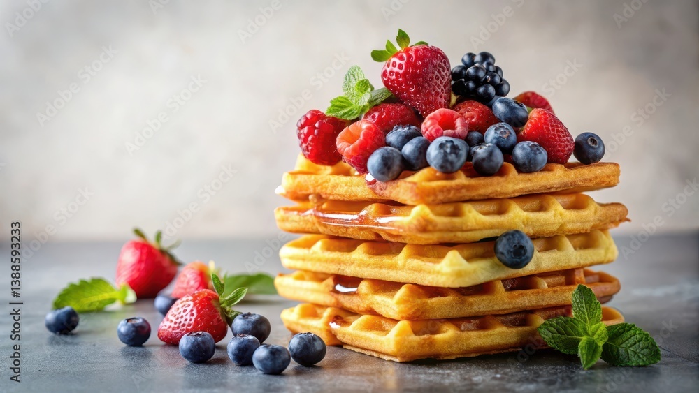 A delectable stack of golden waffles, adorned with a vibrant medley of fresh raspberries, strawberries, and blueberries, drizzled with a sweet syrup, garnished with fresh mint leaves.