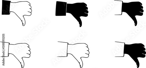 set of Hand position with gesture of pointing thumb down. Concept of gesture of rejection, disapproval or condemnation in sign language. Vector illustration in outline style isolated on white 