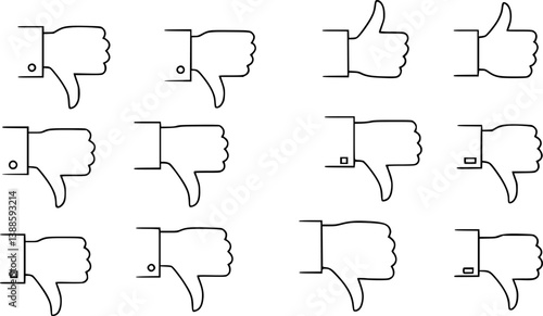 set of Hand position with gesture of pointing thumb down. Concept of gesture of rejection, disapproval or condemnation in sign language. Vector illustration in outline style isolated on white 