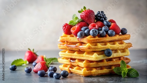 Obraz na płótnie A delectable stack of golden waffles, adorned with a vibrant medley of fresh raspberries, strawberries, and blueberries, drizzled with a sweet syrup, garnished with fresh mint leaves. w salonie