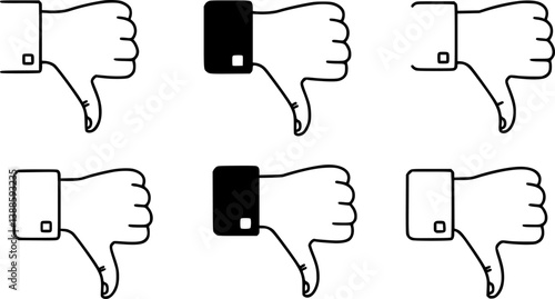 set of Hand position with gesture of pointing thumb down. Concept of gesture of rejection, disapproval or condemnation in sign language. Vector illustration in outline style isolated on white 