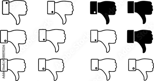 set of Hand position with gesture of pointing thumb down. Concept of gesture of rejection, disapproval or condemnation in sign language. Vector illustration in outline style isolated on white 